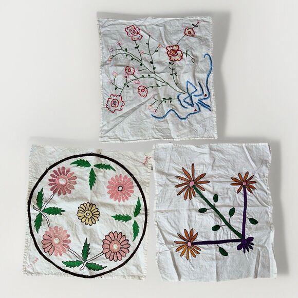 Vintage Handkerchief Hanky Cloth Embroidered Floral Linen Ukrainian Folk Art x3 - Picture 9 of 9